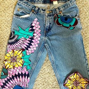 Upcycled patterned slight flair Jean.